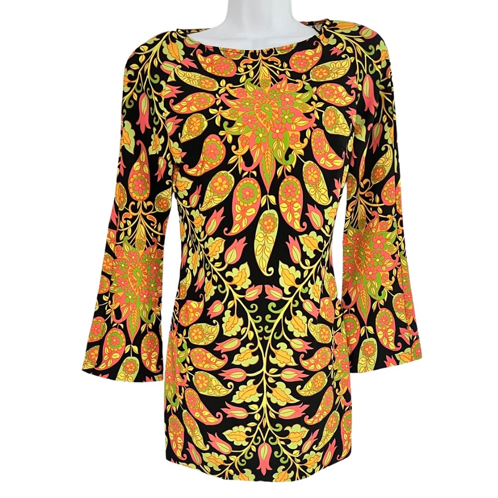 ZARA Mini Bodycon Floral Paisley Dress Bell Sleeve Cutout Multicolor - Picture 2 of 9